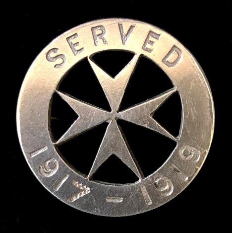 WW1 St John Ambulance Served 1917 -1919 silver war service badge