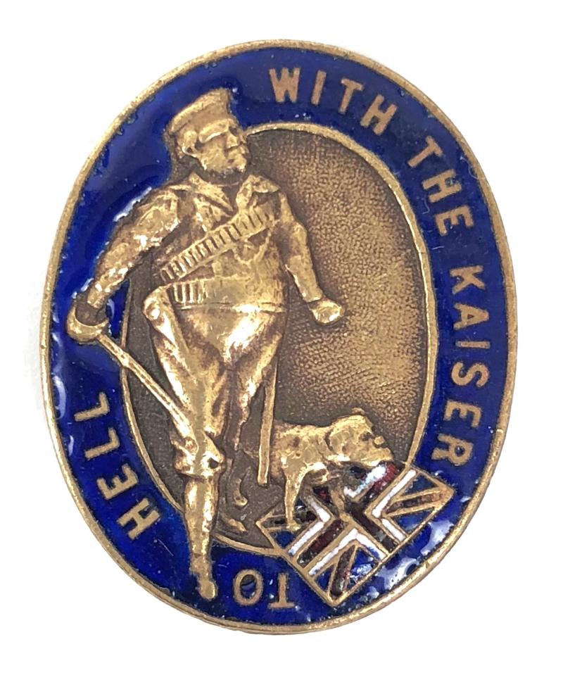 WW1 John Bull with British bulldog 'TO HELL WITH THE KAISER' patriotic badge