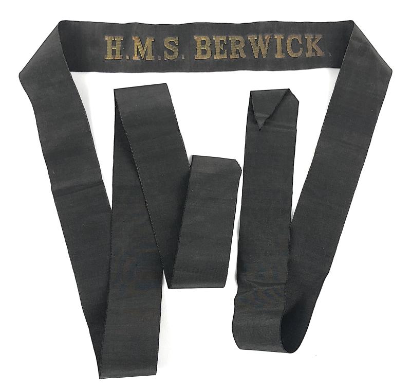 Royal Navy H.M.S. Berwick cap tally silk ribbon badge approx 121mm.