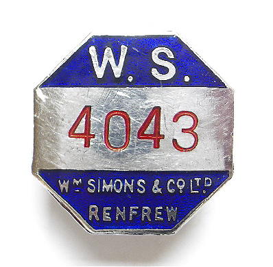 WW2 Wm Simons & Company shipbuilders war workers badge 