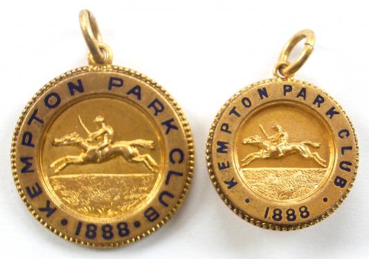 1888 Kempton Park horse racing club pair of badges