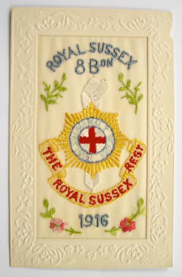 WW1 8th Batt Royal Sussex Regiment 1916 silk military postcard