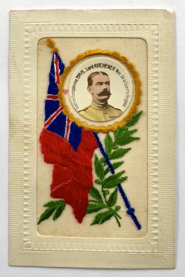 Guerre Europeenne 1914 -1915 Lord Kitchener Red Ensign silk military postcard