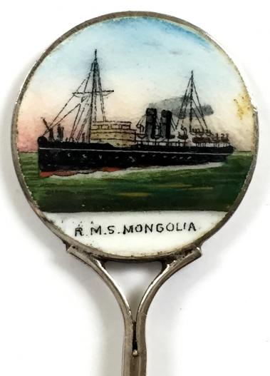 RMS Mongolia sunk 1917 silver & enamel ships picture badge spoon