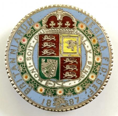 Queen Victoria 1887 Jubilee enamelled half crown coin pin badge.