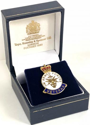 HM Armed Forces veterans badge with presentation case.