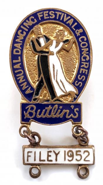 Butlins Annual Dancing Festival and Congress badge white dangler Filey 1952