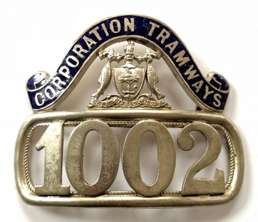 Glasgow Corporation Tramways motorman conductor cap badge Tramcar No 1002 circa 1905 to 1929