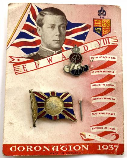 Edward VIII 1937 Coronation commemorative badges on display card