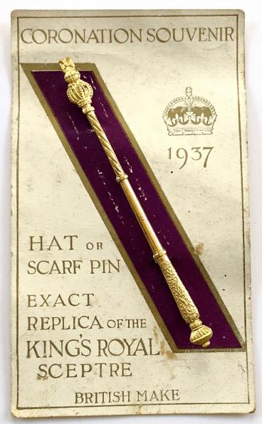 Edward VIII 1937 Coronation souvenir Sceptre Hat or Scarf Pin on original card