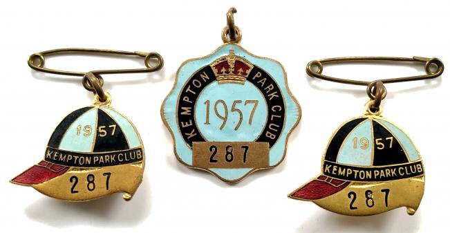 1957 Kempton Park Club horse racing trio of badges