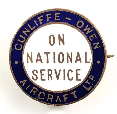 WW2 Cunliffe Owen Aircraft Ltd On National Service war worker numbered badge