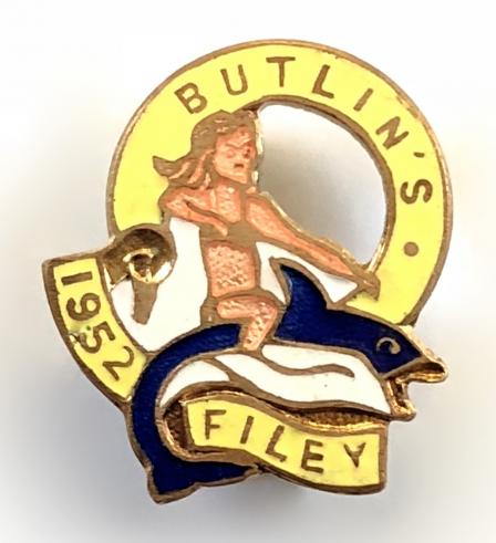 Butlins 1952 Filey holiday camp badge girl riding a fish