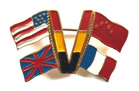 V For Victory allied flags of the nation patriotic pin badge