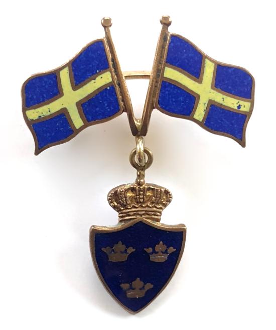 National Flag of Sweden patriotic badge with Coat of Arms shield