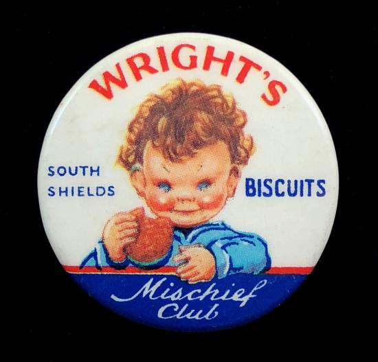 Wright’s Biscuits Ltd South Shields Mischief Club advertising tin button badge