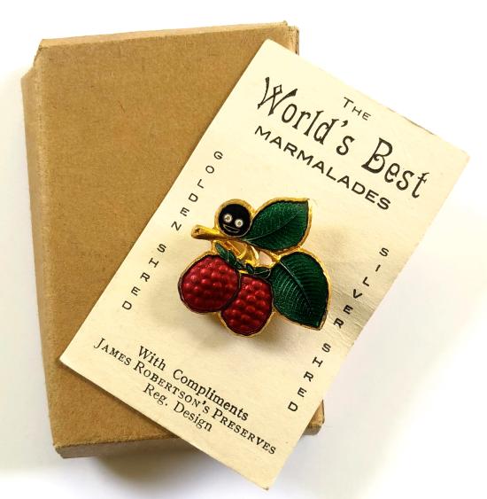 Robertsons pre war raspberry fruit Golly head advertising badge card & case
