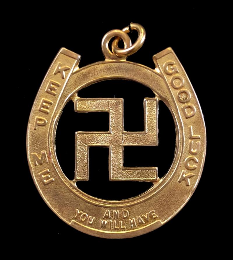 Good Luck Charm horseshoe swastika pendant badge
