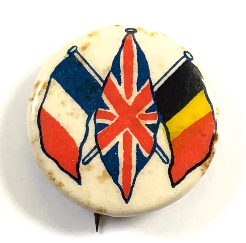 WW1 United Britain France Belgium flag day fundraising tin button badge