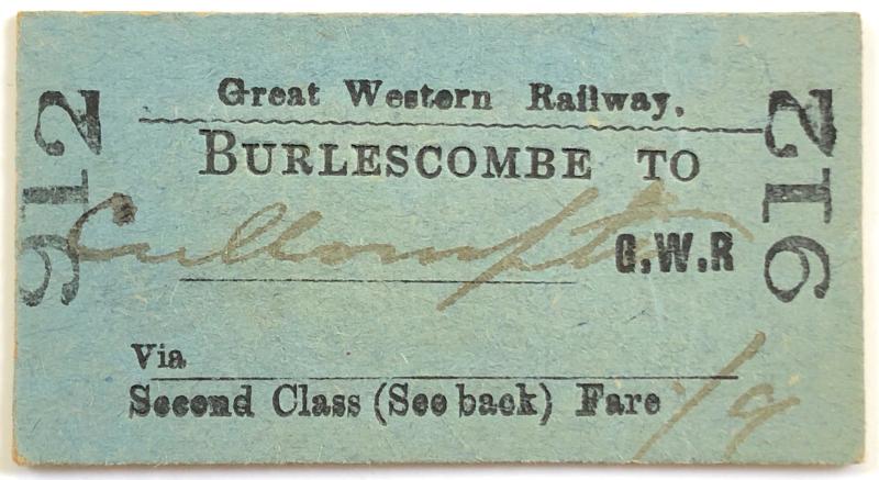 1906 Great Western Railway Ticket Burlescombe to Cullompton Station.