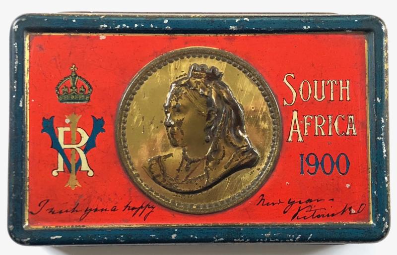 South Africa 1900 Rowntree Chocolate Gift Tin GPO address label & contents