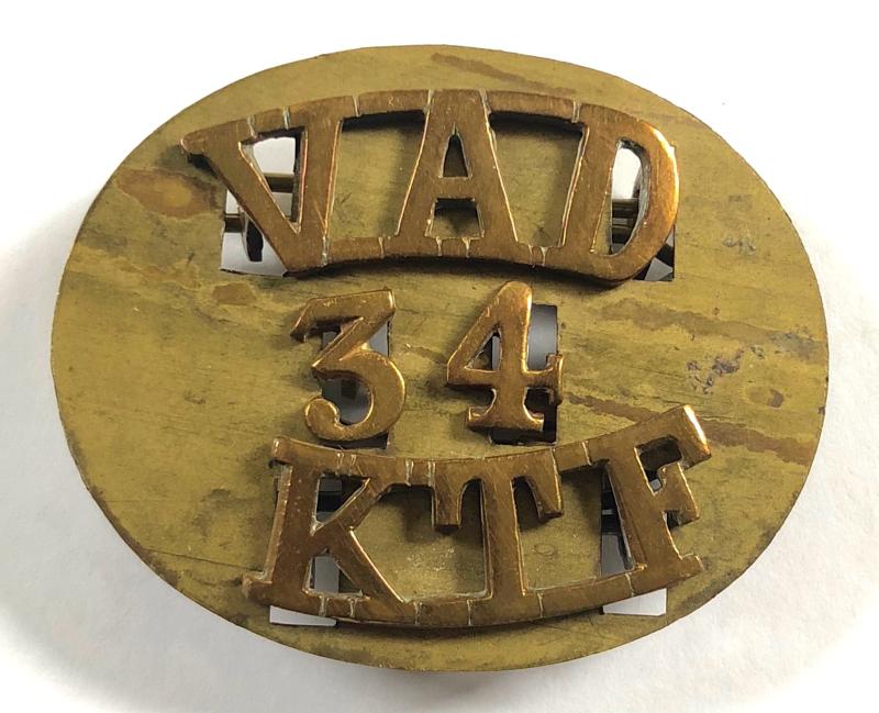 WW1 Kent V.A.D. 34 K.T.F Voluntary Aid Detachment shoulder title badge