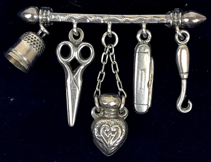 Chatelaine Housekeepers 1898 silver lucky charm brooch by Pearce & Thompson Birmingham