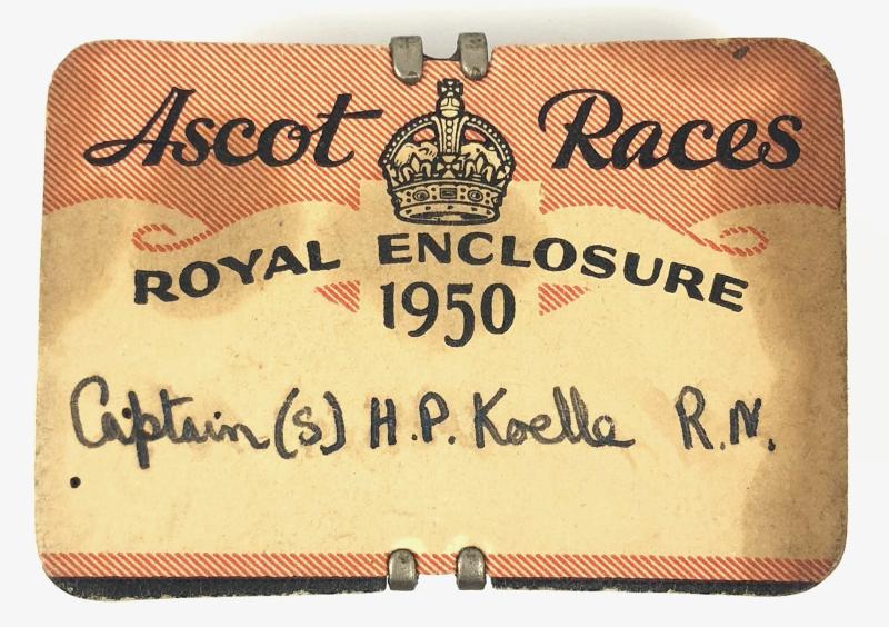 1950 Ascot Races Royal Enclosure card badge named to Royal Navy Captain