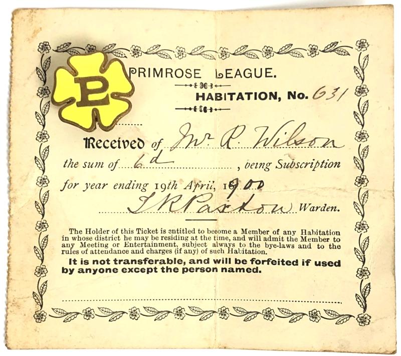 Primrose League Associates gentleman's badge & 1900 dated subscription card