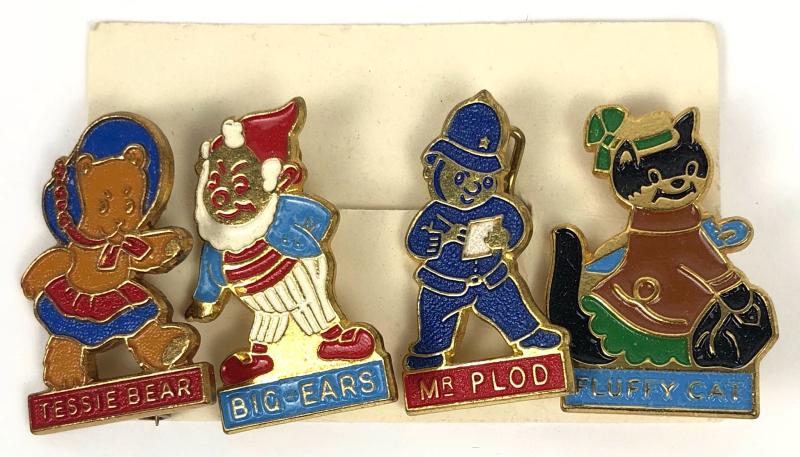 Enid Blyton Kelloggs Noddy's Friends advertising badges Tessie Bear, Big Ears, Mr. Plod & Fluffy Cat