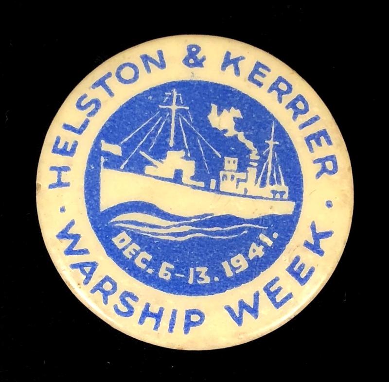WW2 Helston and Kerrier Cornwall Warship Week 1941 fundraising tin button badge