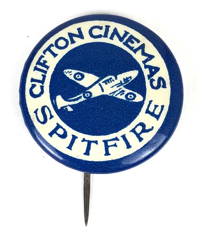 WW2 Clifton Cinemas Spitfire Fund tin button badge Wellington Shropshire