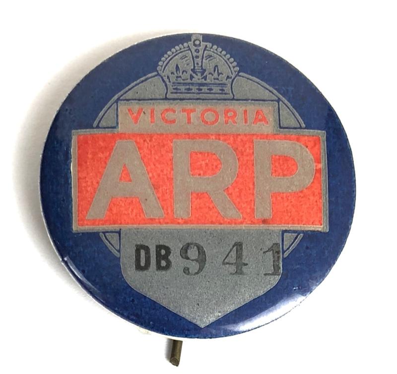 WW2 ARP warden Victoria Australia home front tin button badge