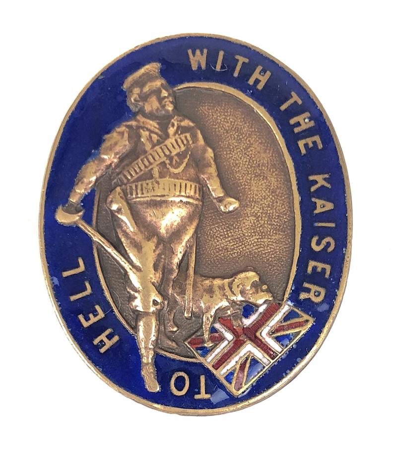 WW1 John Bull with British bulldog 'TO HELL WITH THE KAISER' patriotic badge