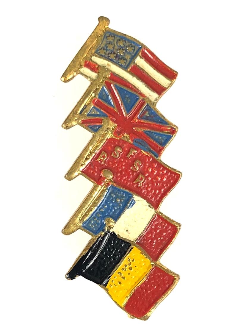 WW2 United We Stand Britian, France, Belgiium, USA, Russia Flags For Victory Badge