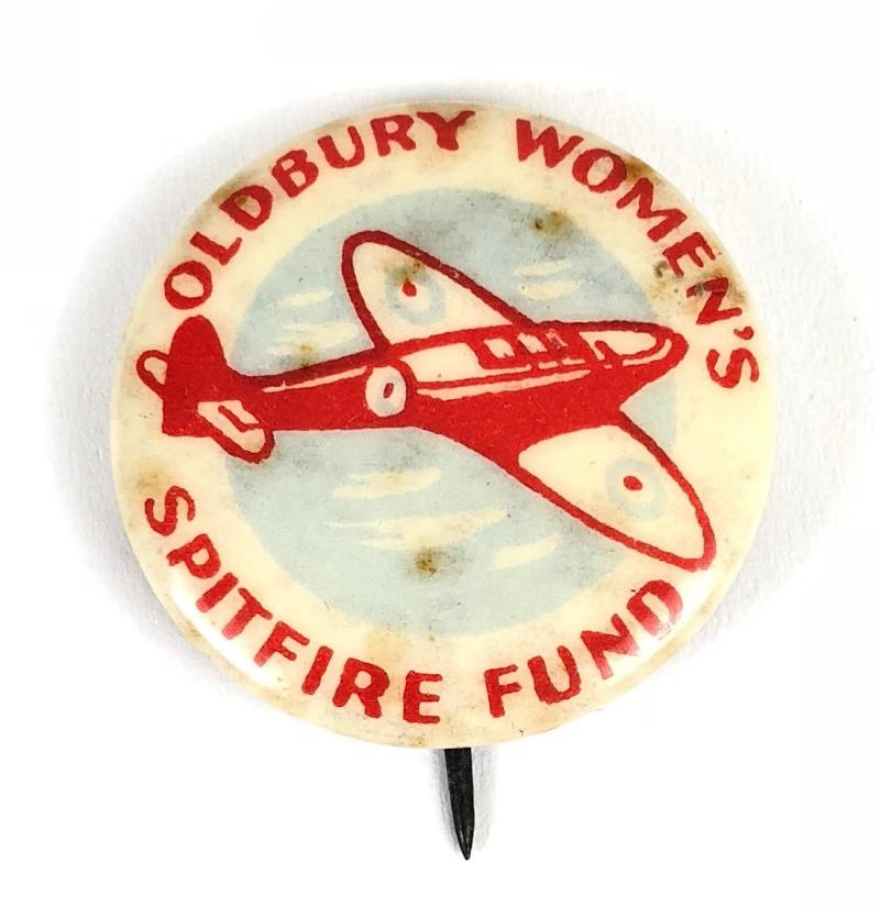 Oldbury Women's Spitfire Fund celluloid tin button badge