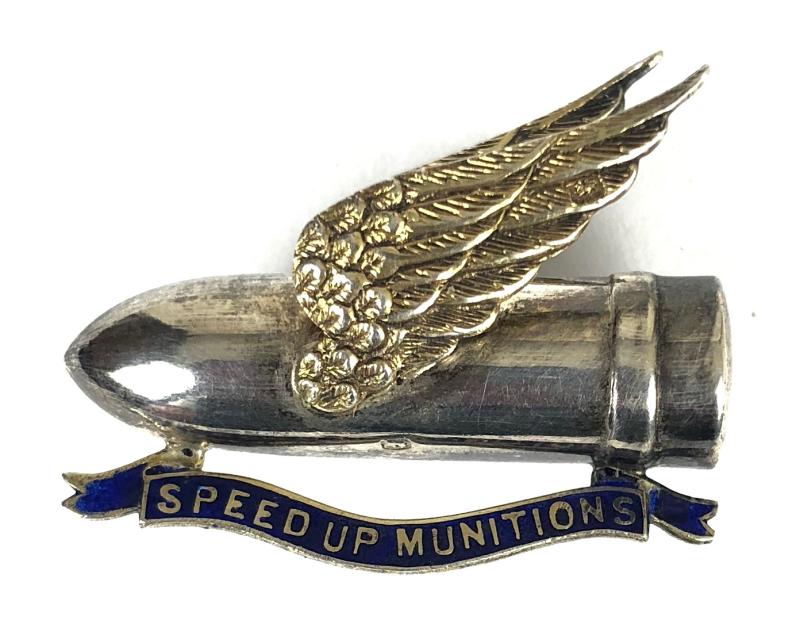 Speed Up Munitions winged bullet 1916 hallmarked silver badge