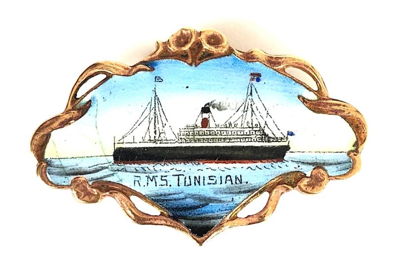 RMS Tunisian Allan Shipping Line hand-painted enamel ships picture brooch