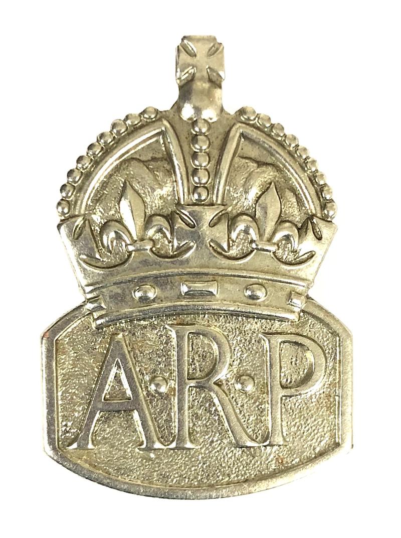 WW2 Air Raid Precautions ARP white metal male warden badge by J.R.GAUNT