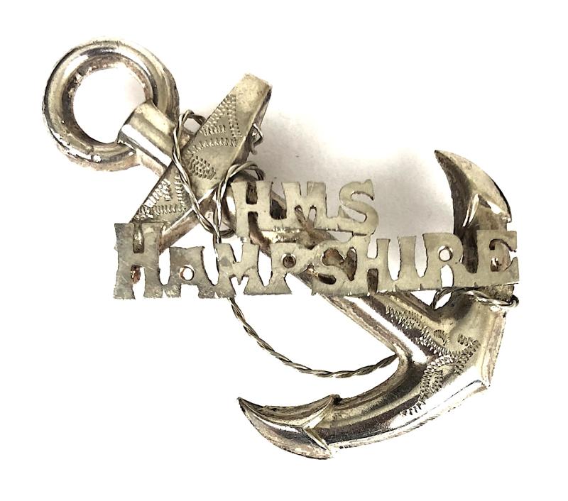 HMS HAMPSHIRE 1914 hallmarked silver anchor brooch