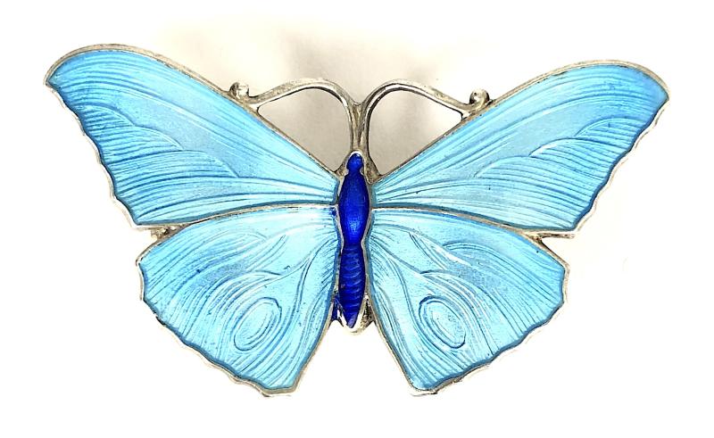 Guilloche Blue Enamel Butterfly Brooch Numbered  by J A & S