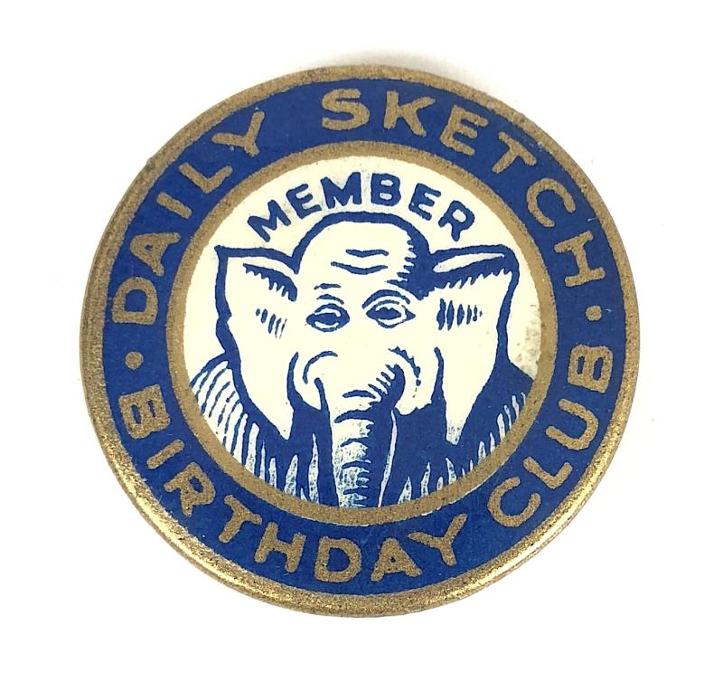 Daily Sketch Newspaper Birthday Club Oojah the Elephant tin button badge