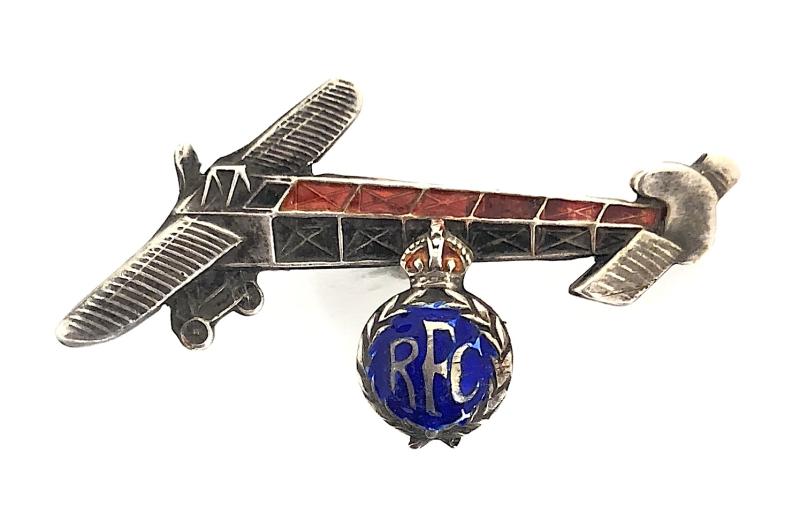 WW1 RFC Blériot XI style biplane silver and enamel aircraft badge by Thomas Lyster Mott