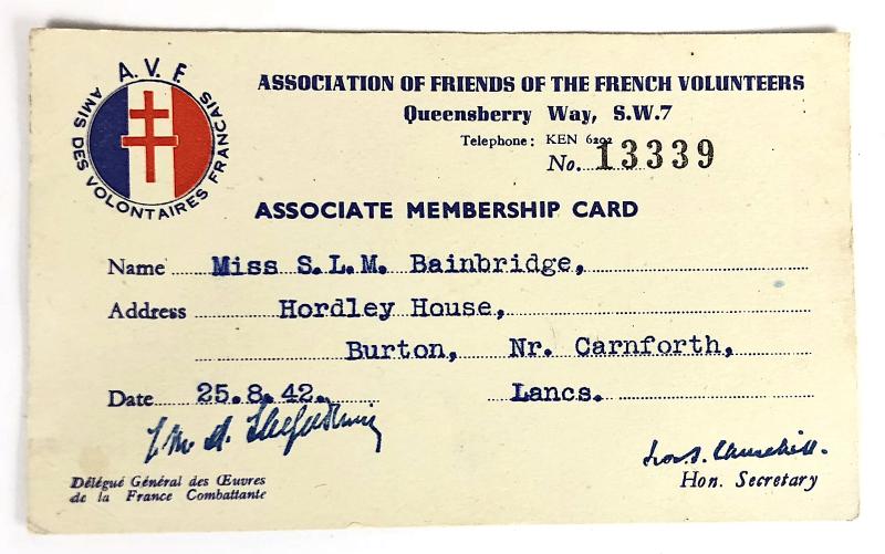Association Of Friends Of The French Volunteers 1942 Free French membership card