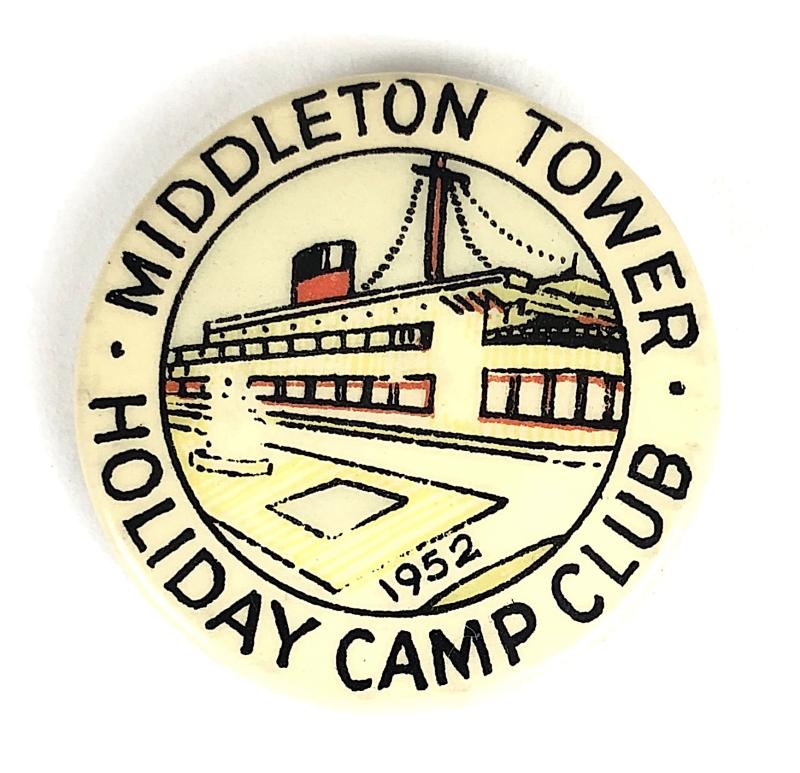 Pontins 1952 Middleton Tower Holiday Camp Club tin button badge near Morecambe Lancashire