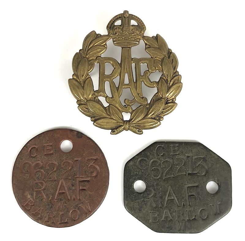 WW2 Royal Air Force identification pair of RAF ID dog tags & cap badge