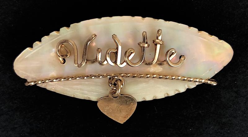 Royal Navy Ship HMS Vidette hand made wire work mother of pearl pin badge