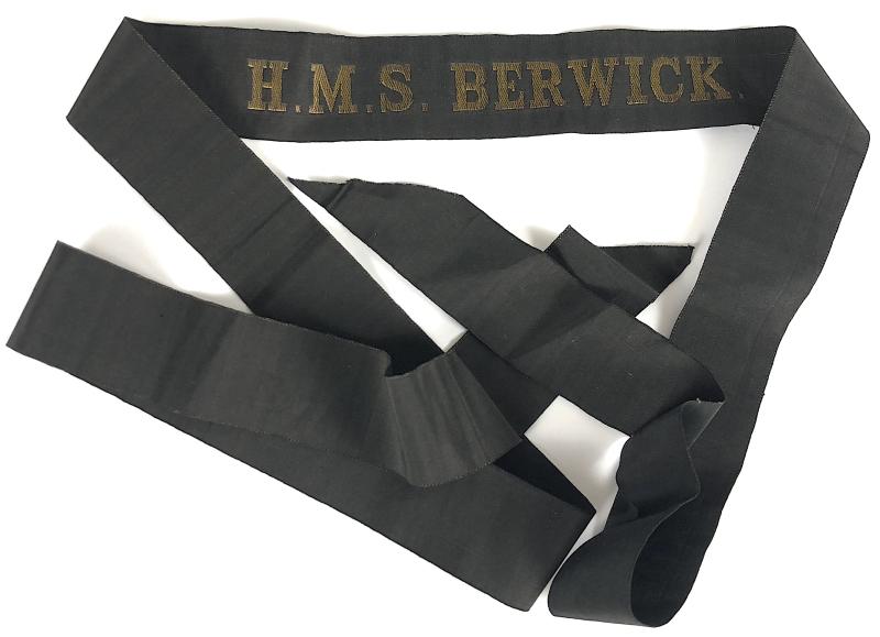 Royal Navy H.M.S. Berwick cap tally silk ribbon badge 122mm.