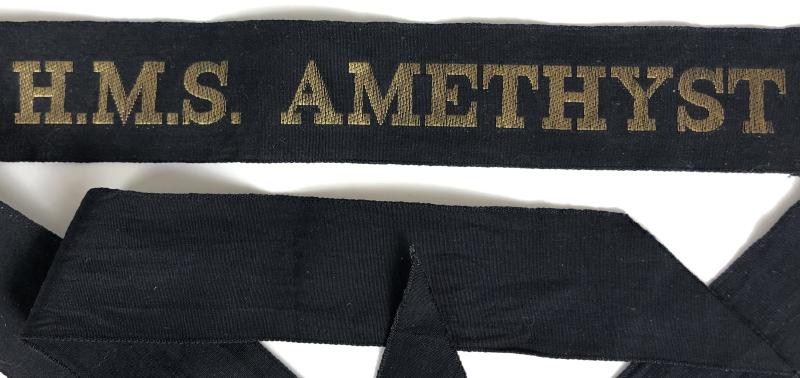 Royal Navy H.M.S. Amethyst cap tally silk ribbon badge 102mm