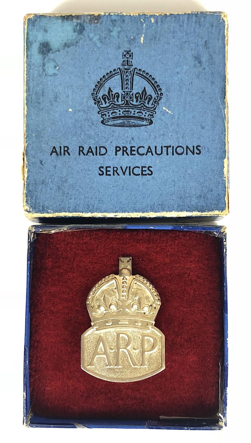 Air Raid Precautions 1938 silver lady warden ARP badge and box